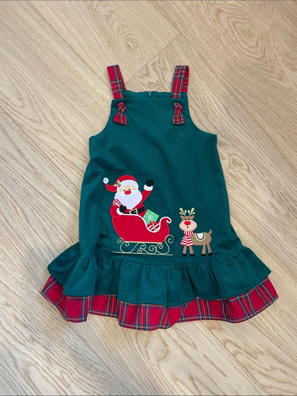 Rare Editions Green Corduroy Jumper with Red Plaid Accents